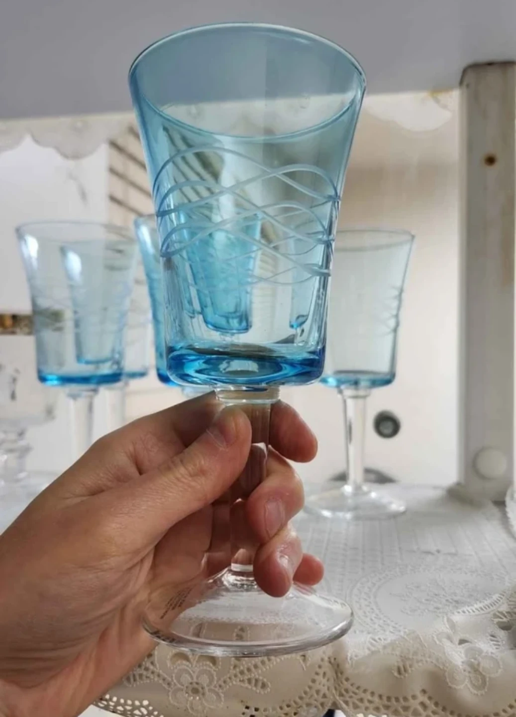 New Set of 6 Blue Glass Footed Tumblers - photo 2
