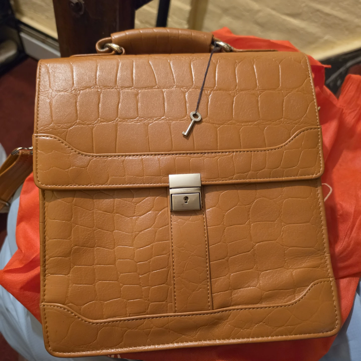 Tan Crocodile Embossed Briefcase