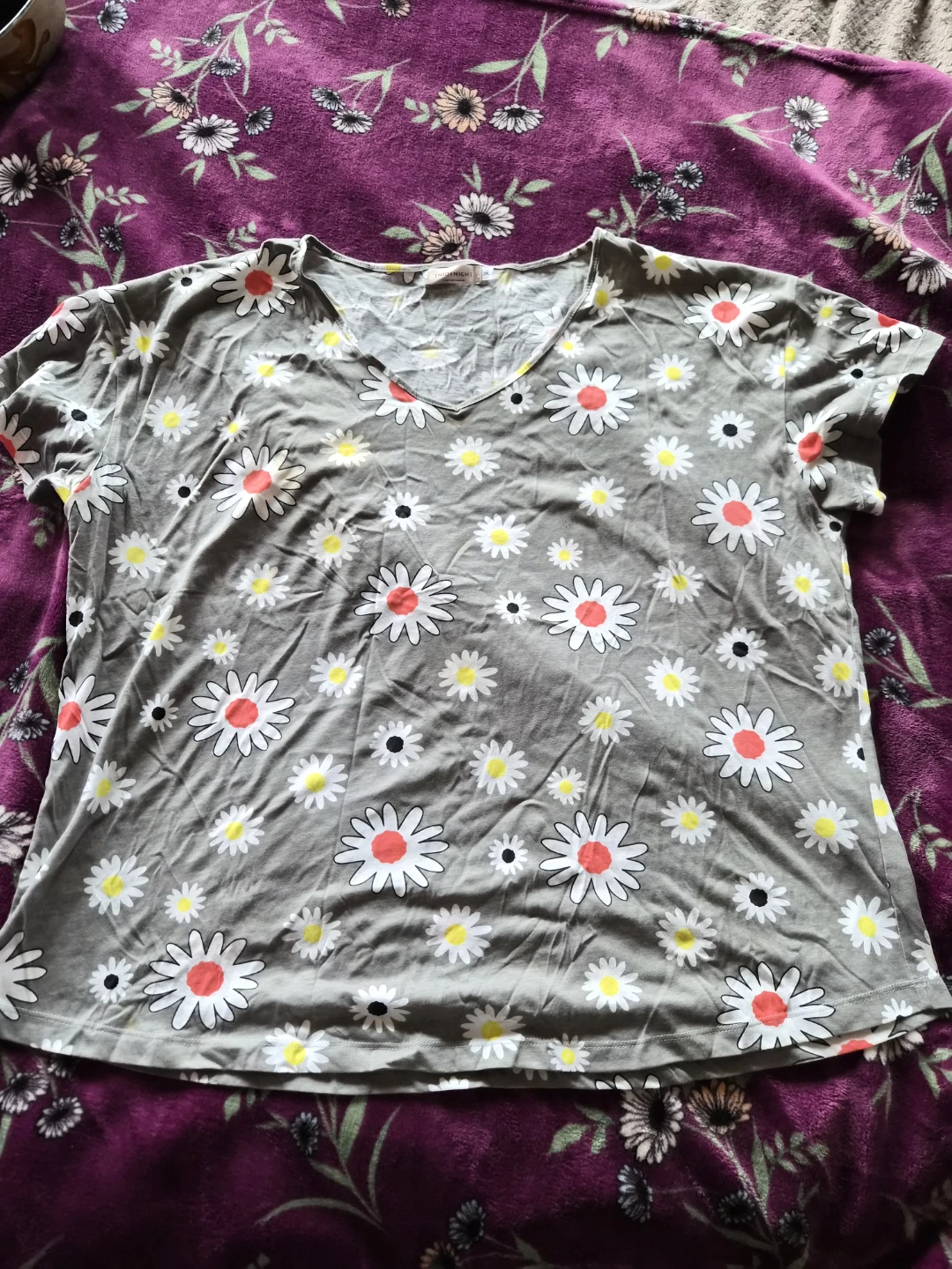 Enjoynight Grey Daisy Print V-Neck T-Shirt 2XL