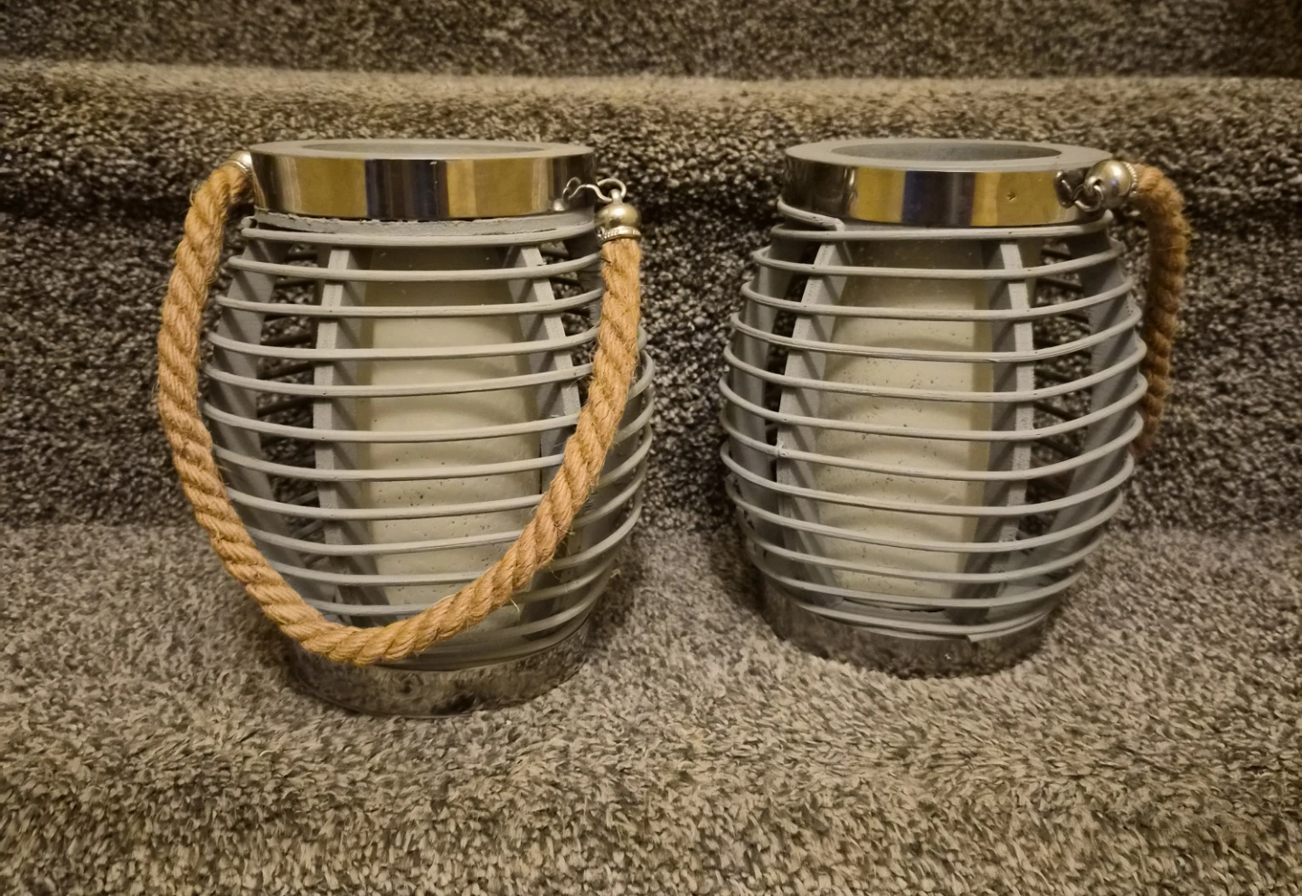Set of 2 Grey Wire Lanterns with Rope Handles