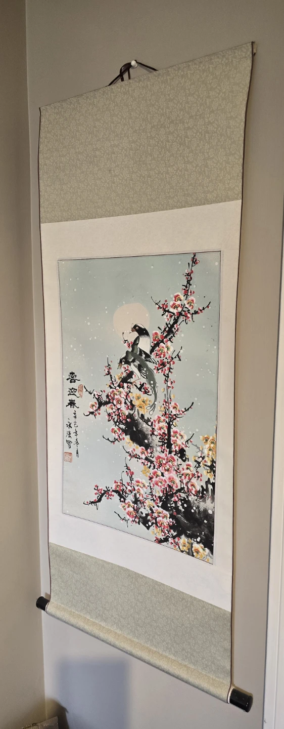 Japanese Scroll Painting with Birds and Blossoms