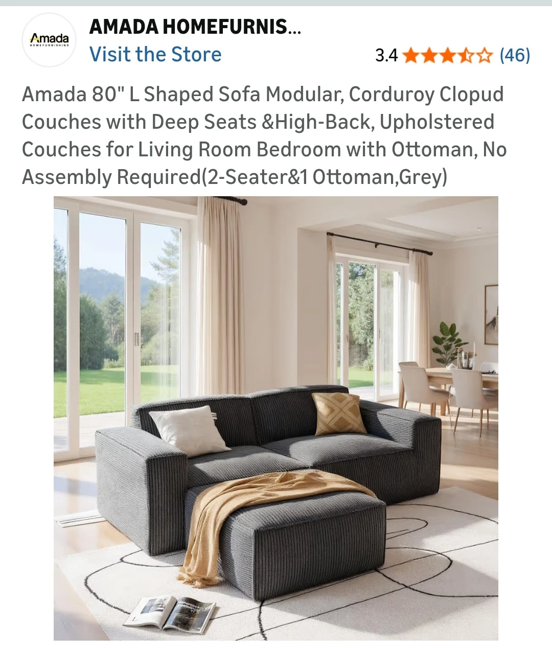 Amada 80" L Shaped Corduroy Sofa with Ottoman - Grey - photo 2