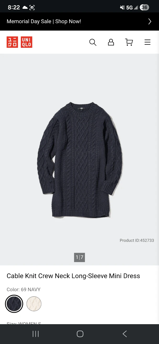 UNIQLO Cable Knit Crew Neck Mini Dress - Navy - Women's S