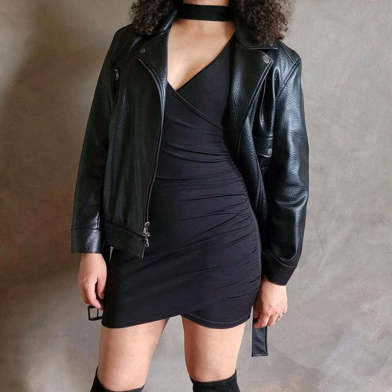 Black Ruched V-Neck Dress with Choker Neckline - photo 2