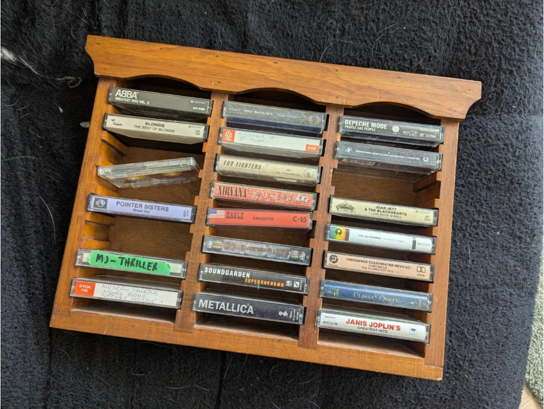 Wooden Cassette Tape Holder with Assorted Tapes