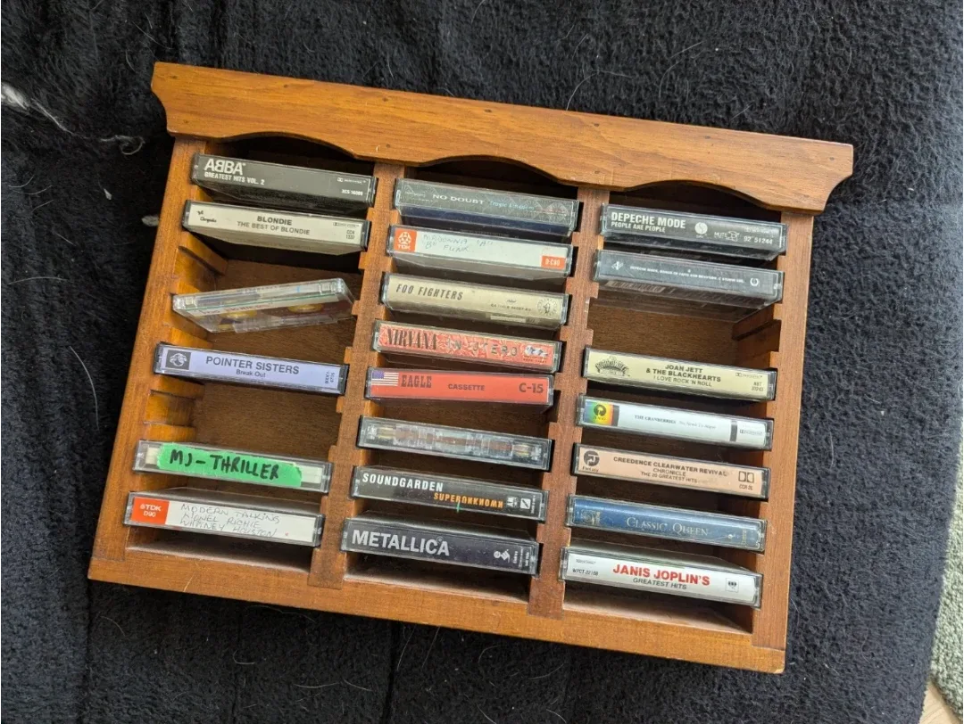 Wooden Cassette Tape Holder with Assorted Tapes