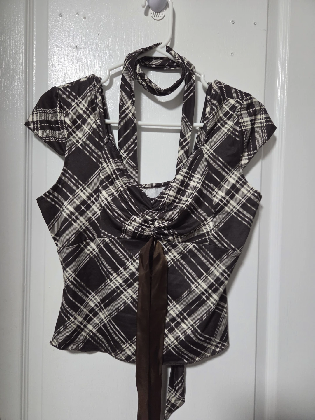 Brown Plaid Halter Top with Ribbon Tie