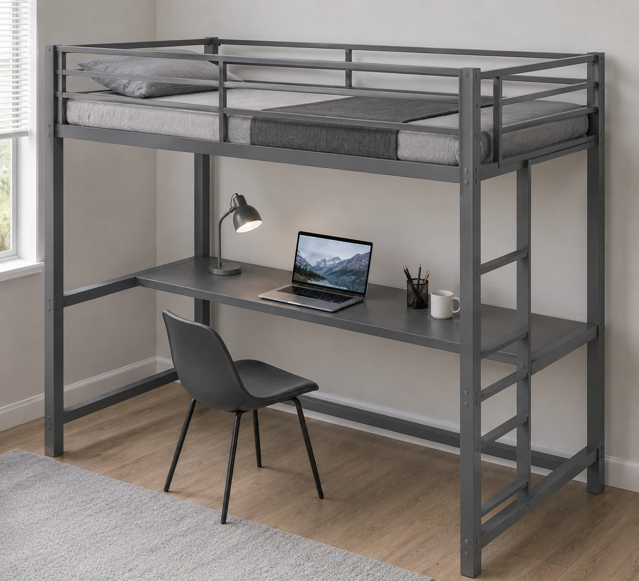 Grey Metal Loft Bed with Desk