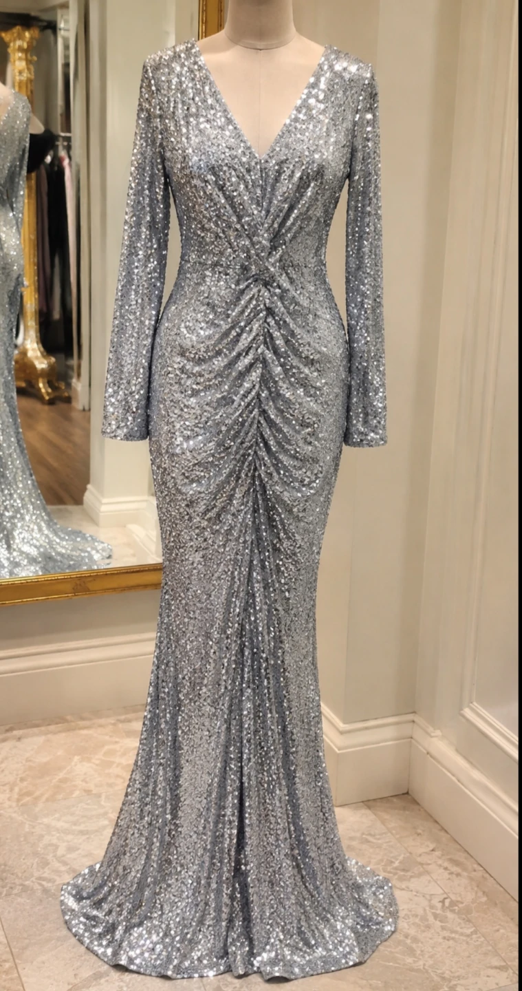 Silver Sequin Ruched Gown