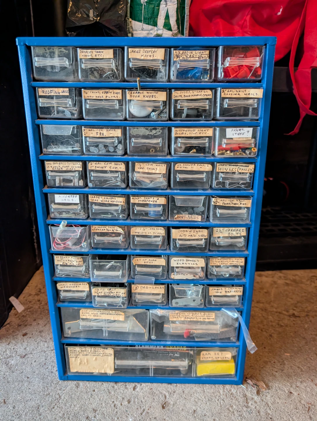 Blue Parts Organizer Cabinet with Assorted Hardware