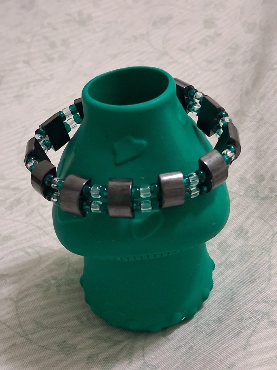 Hematite Bead Bracelet with Green and Clear Accents