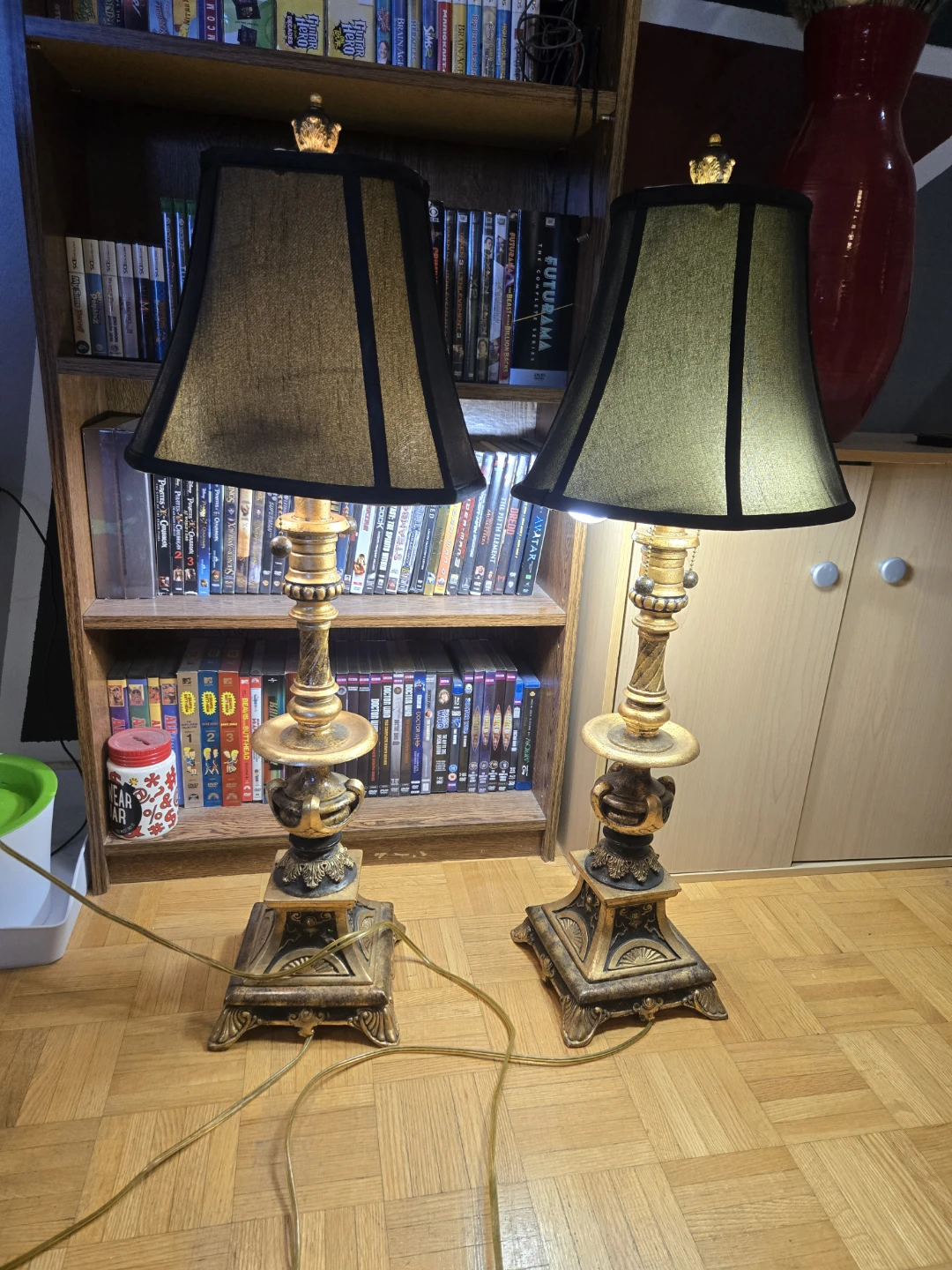 Pair of ornate gold table lamps with black shades - photo 2