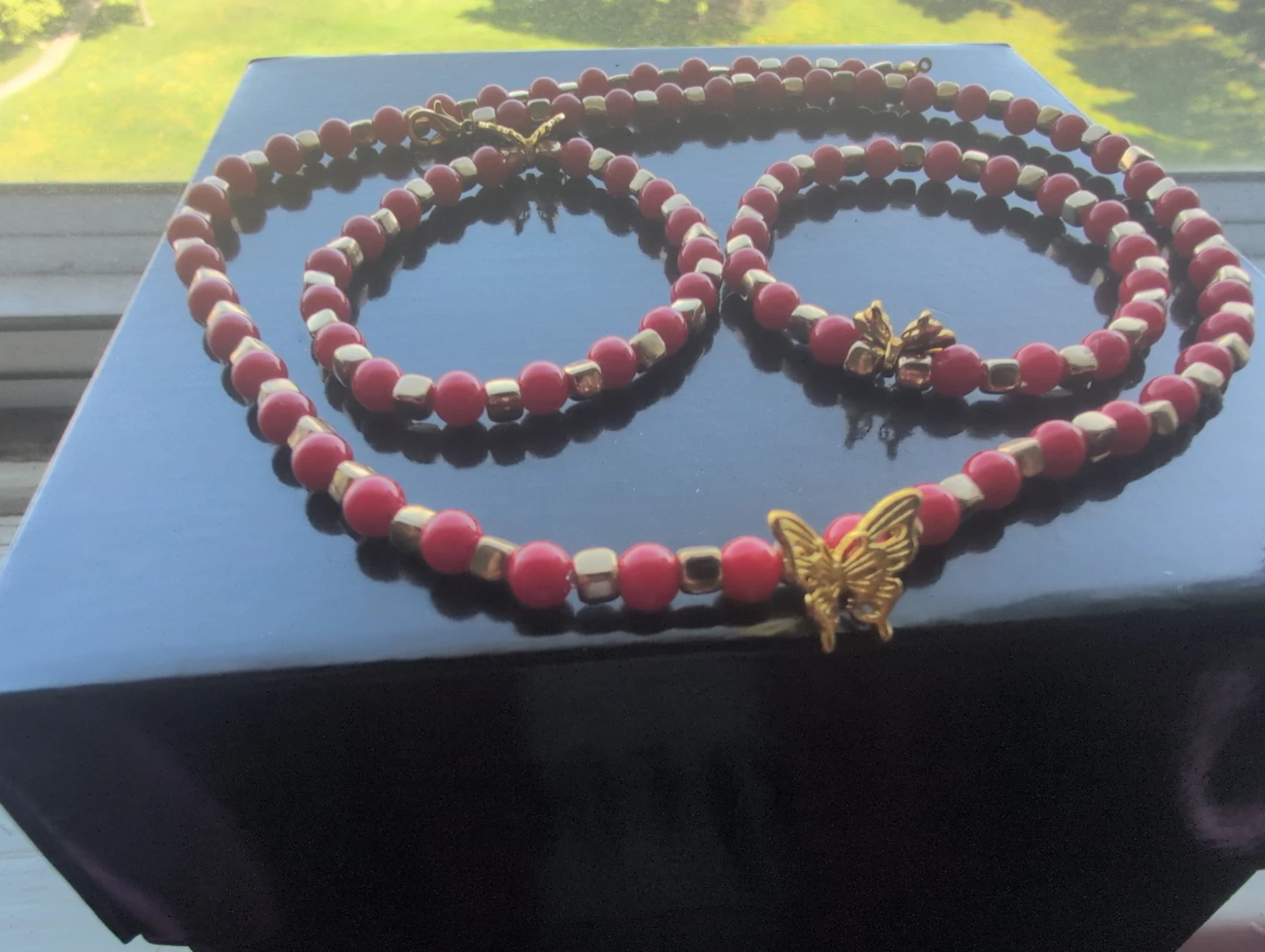 Red Beaded Necklace and Bracelet Set with Butterfly Charms - photo 2