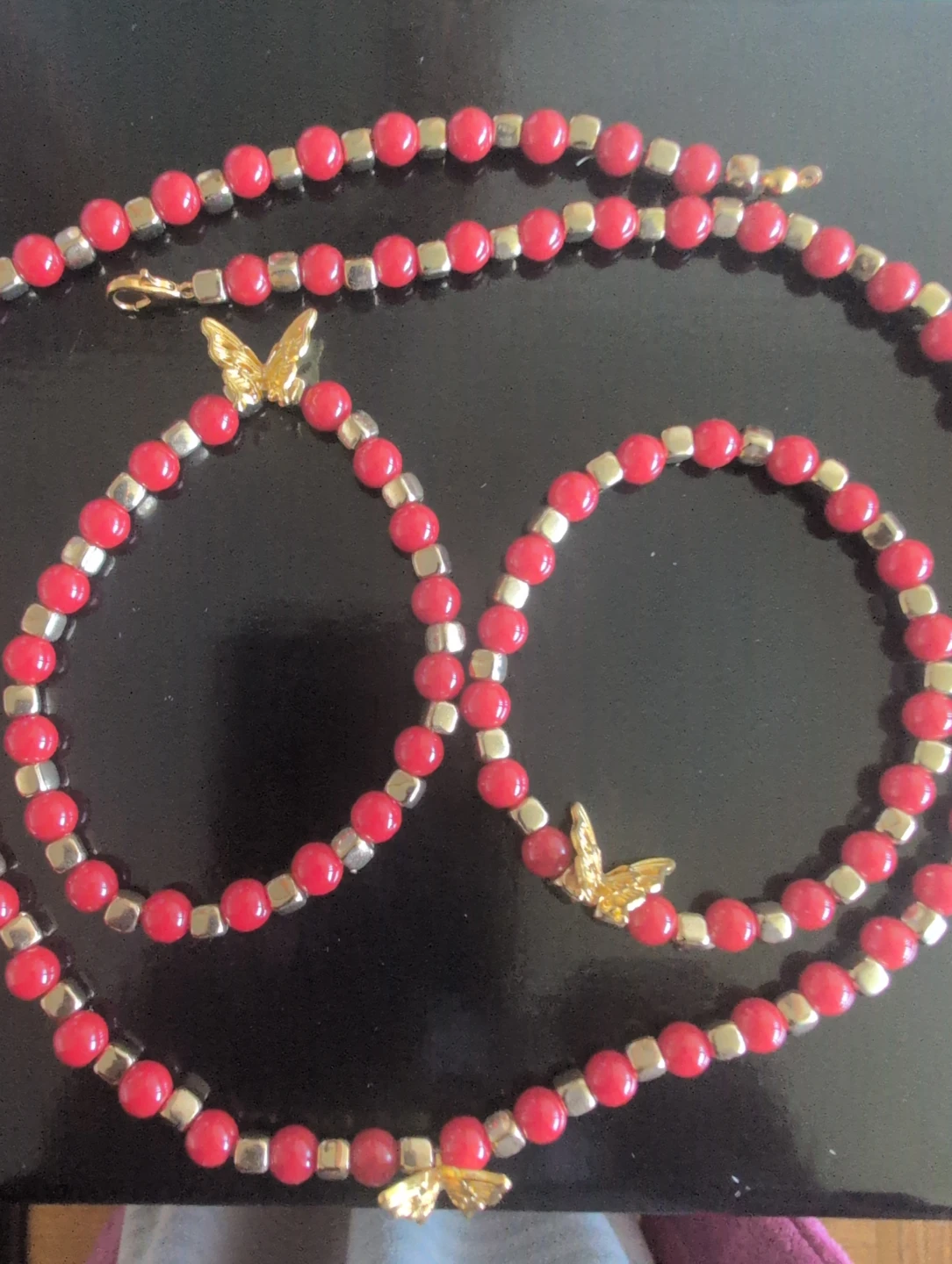Red Beaded Necklace and Bracelet Set with Butterfly Charms - photo 3