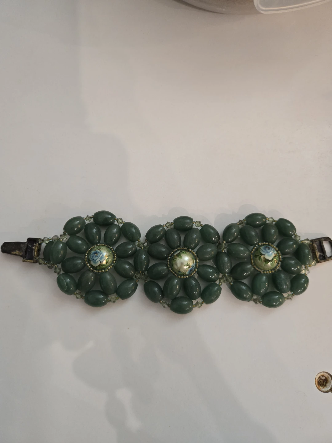 Vintage Green Beaded Bracelet with Floral Medallions