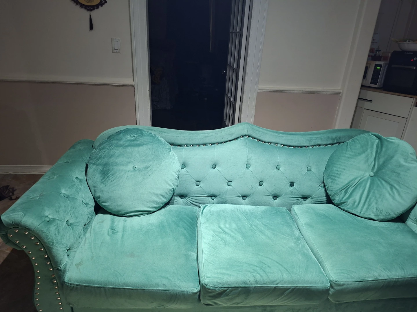 Turquoise Tufted Sofa with Round Pillows - photo 2