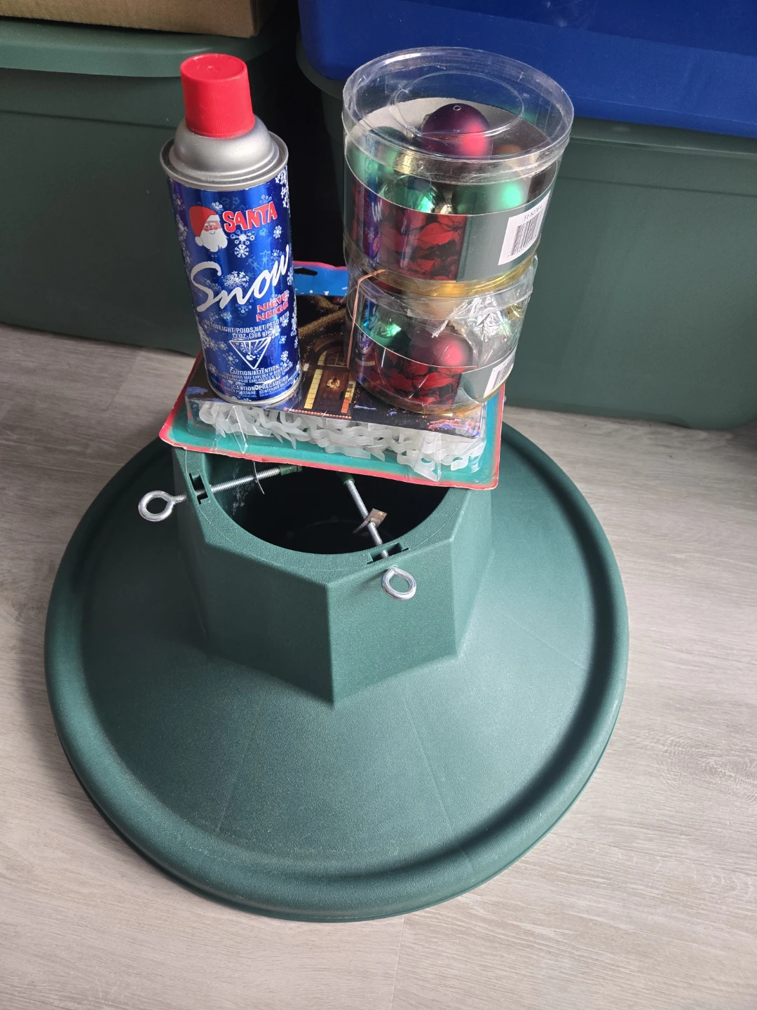 Christmas Tree Stand with Ornaments, Icicle Light Clips,.