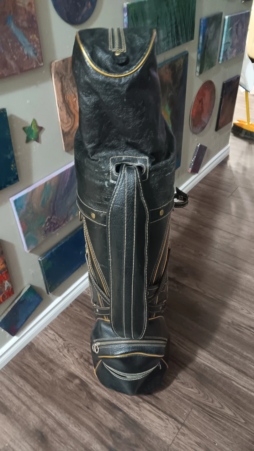 Black Leather Golf Bag with Gold Stitching