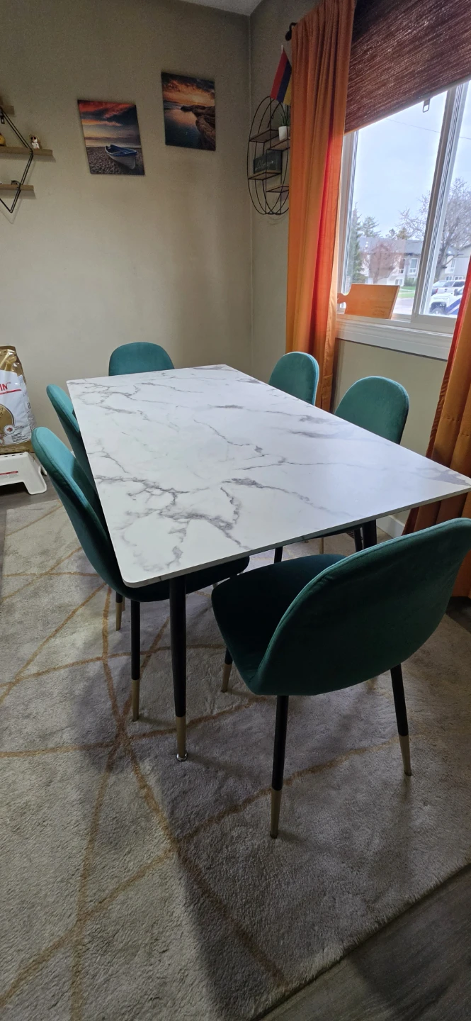 Wood (looks like marble) Dining Table with 6 Teal Chairs