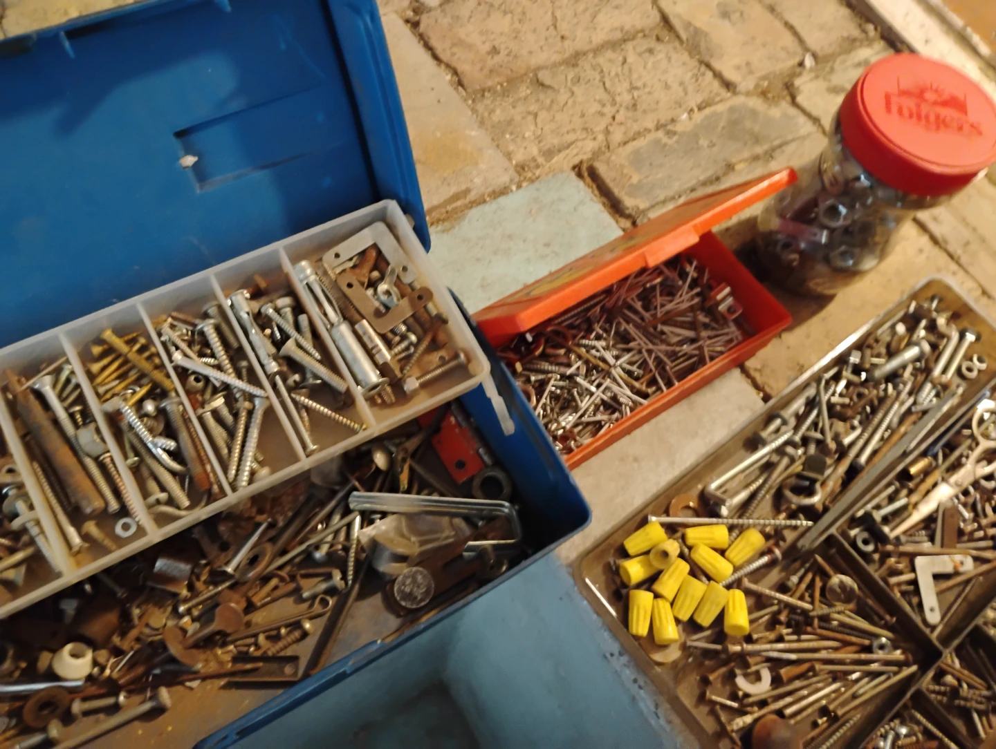 Assorted Screws, Nails, and Fasteners with Toolboxes