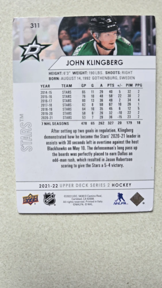 2021-22 Upper Deck Series 2 Hockey Card - John Klingberg - photo 2