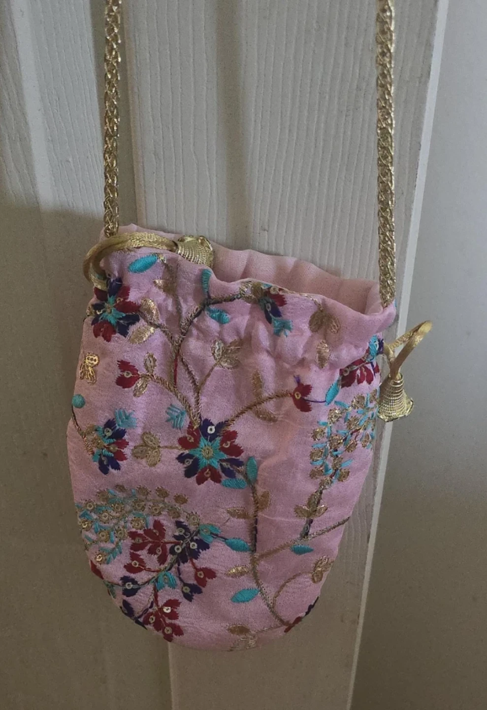 Pink Embroidered Drawstring Pouch Bag