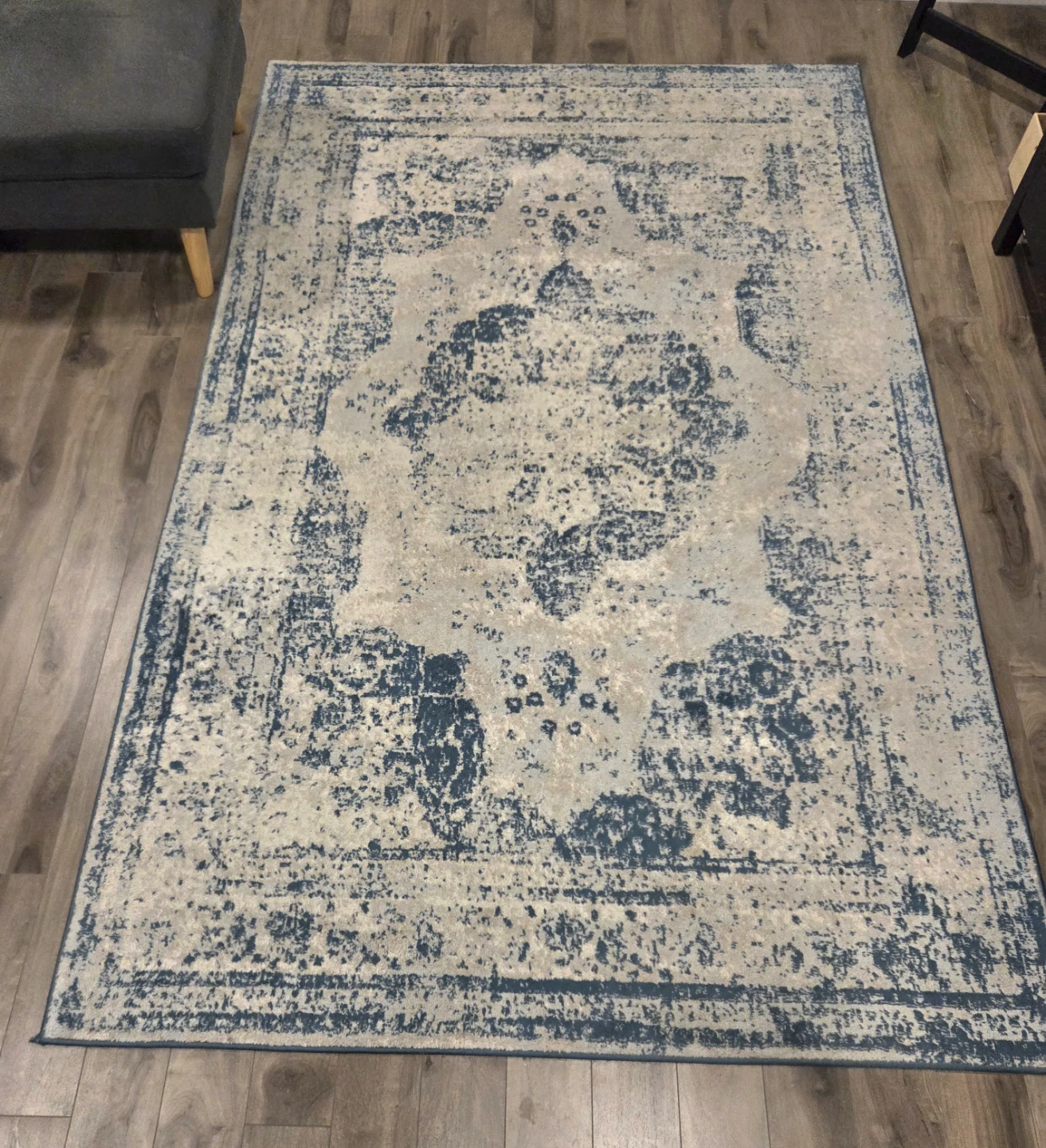 Distressed Blue and Cream Area Rug, OBO