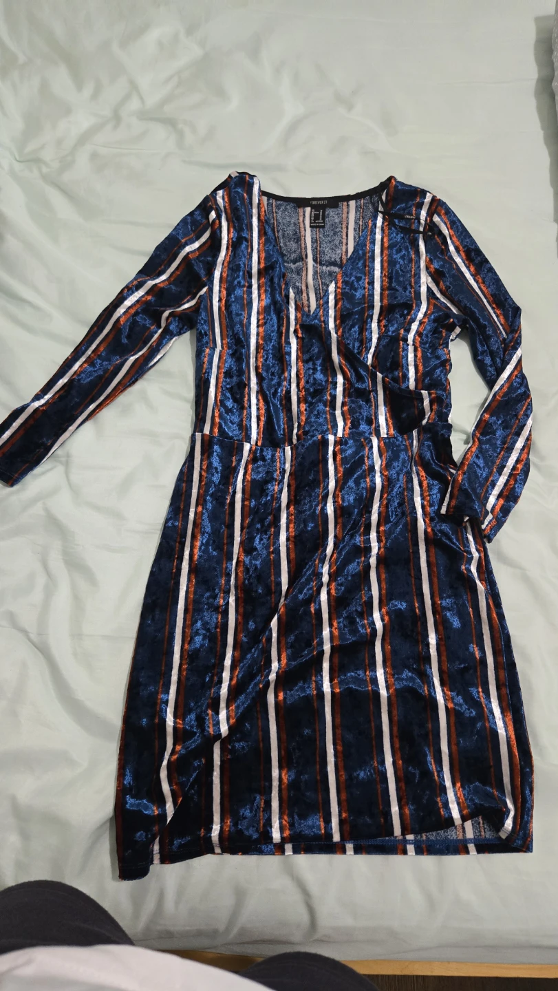 Forever 21 Blue Striped Velvet Wrap Dress