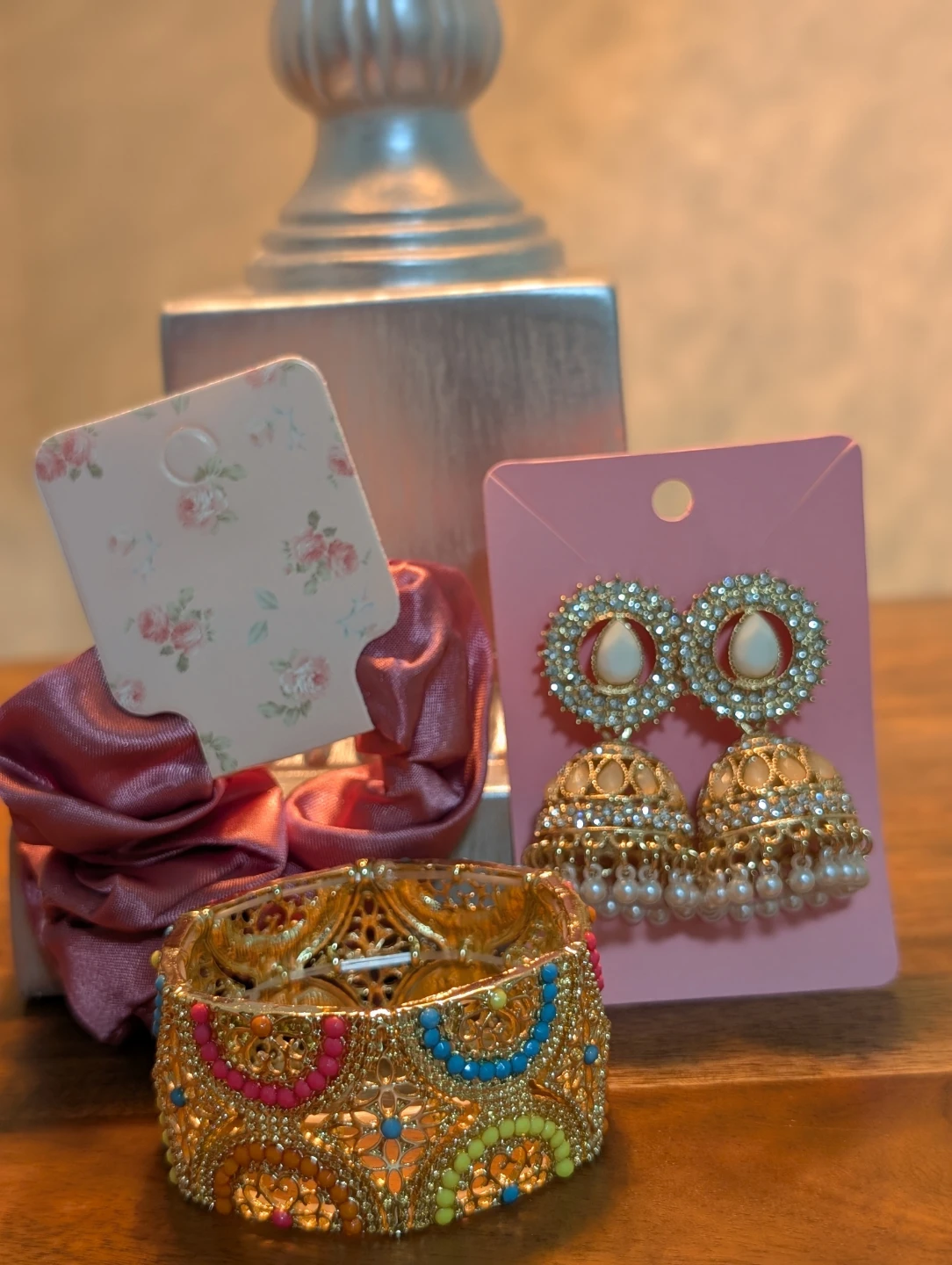 Nush  Eid hamper gold Jhumka Earrings and Beaded Bangle Set