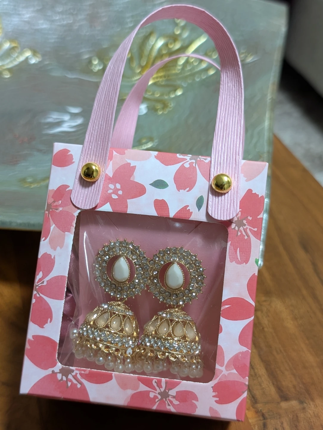 Nush  Eid hamper gold Jhumka Earrings and Beaded Bangle Set - photo 2