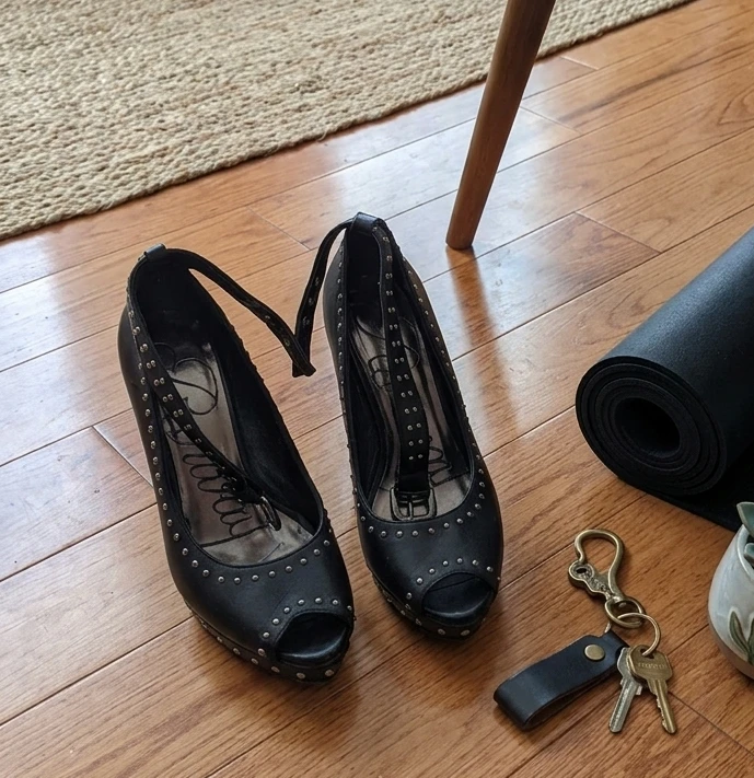Black Studded Peep Toe Wedge Heels