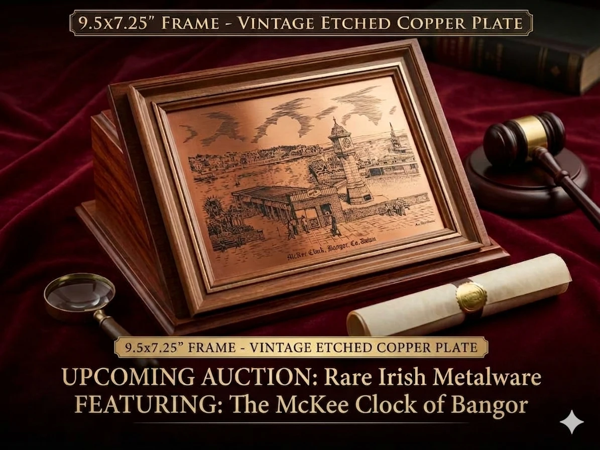 Framed Vintage Etched Copper Plate - McKee Clock, Bangor