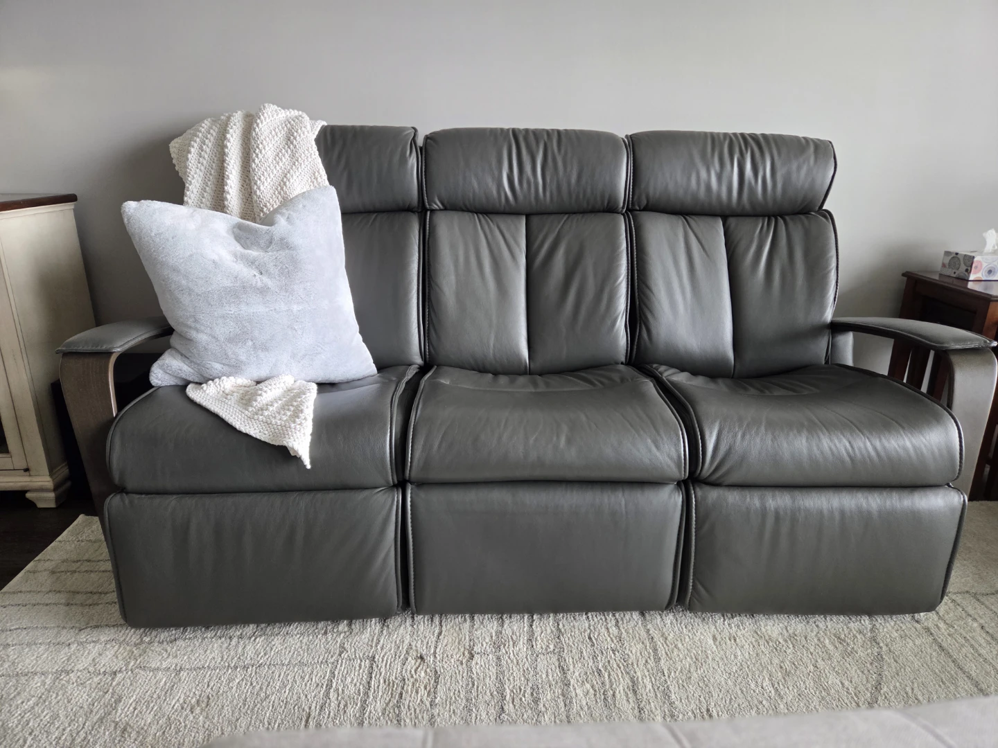 Grey Leather 3-Seater Reclining Sofa - photo 2