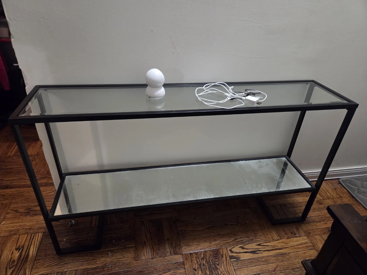 Glass Console Table with Black Metal Frame