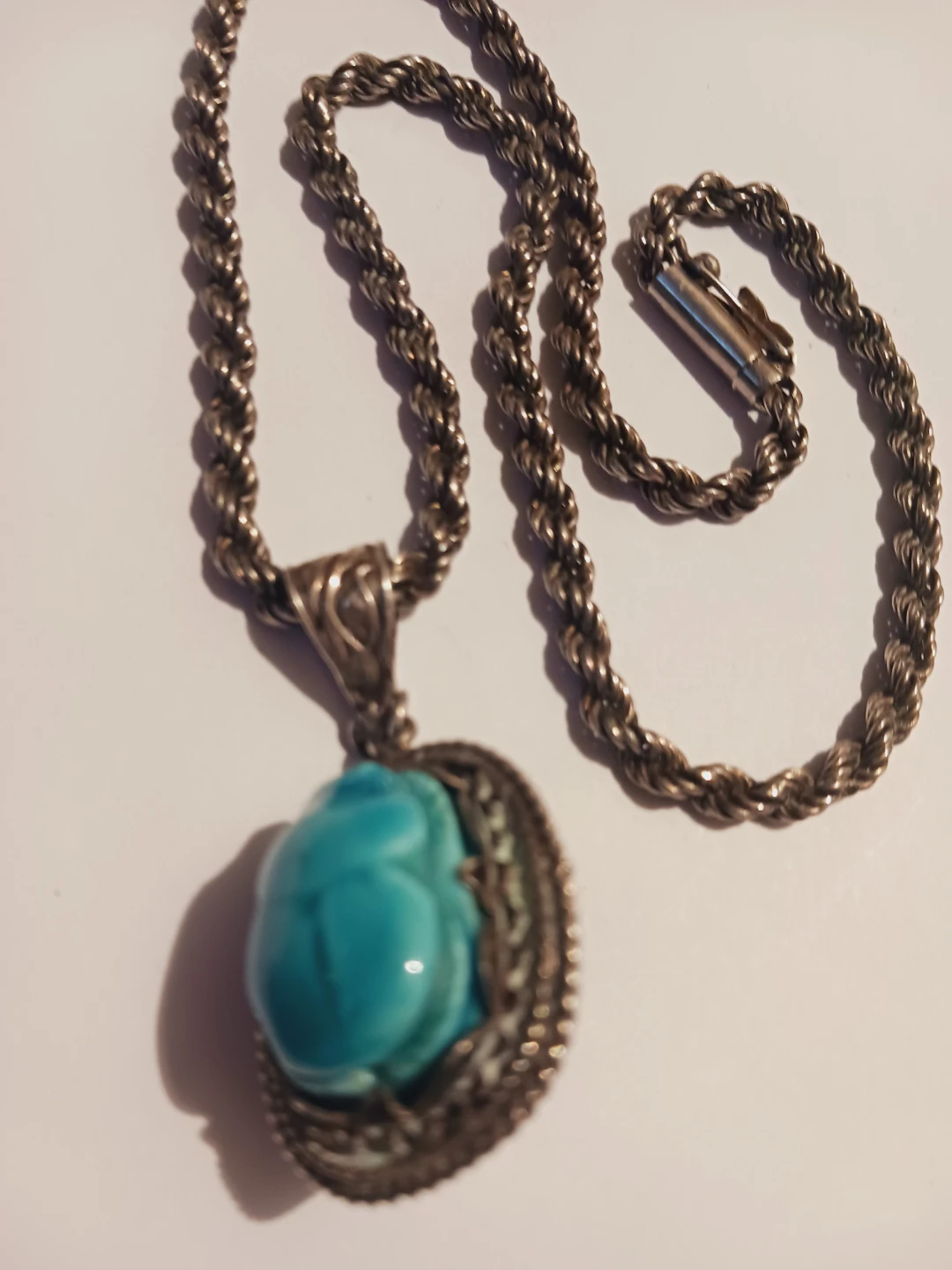 Sterling Twisted Rope Necklace w/Turquoise Scarab Beetle Pendant - photo 2