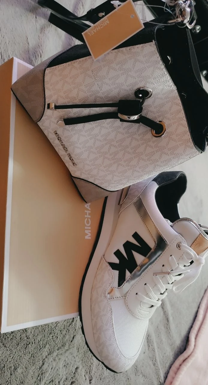 Michael Kors White Logo Print Sneakers and Drawstring Bag