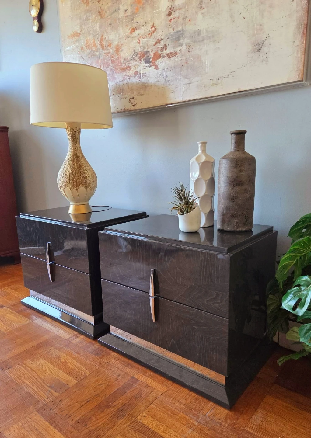 Pair Of Brand New Grey Walnut Lacquered Nightstands