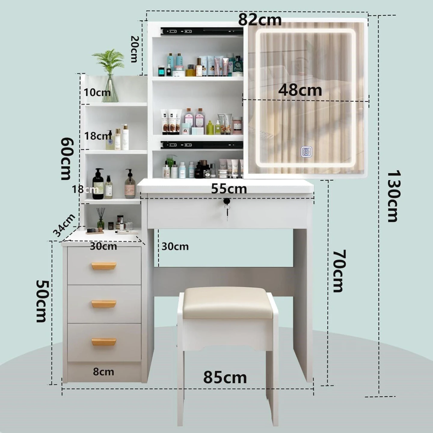 Kids White Vanity Desk with LED Mirror and Stool