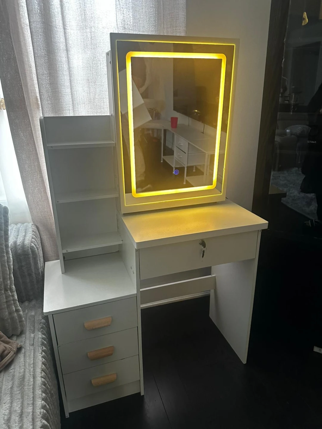 Kids White Vanity Desk with LED Mirror and Stool - photo 2
