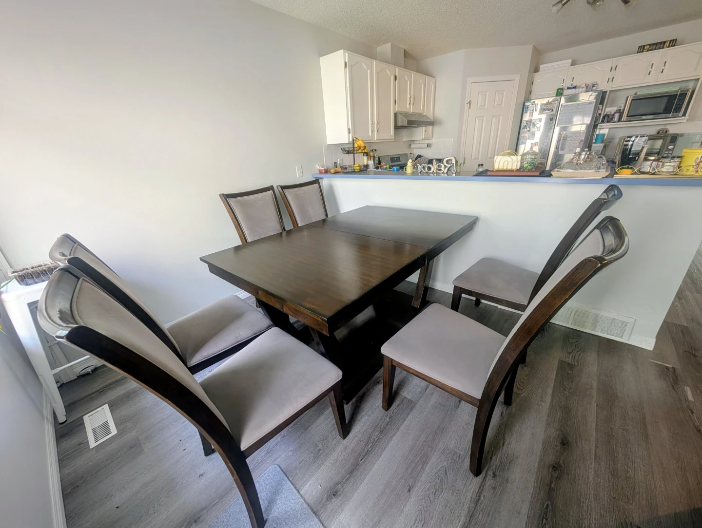 Dark Wood Dining Chairs with Light Grey Upholstery (Set of 4)