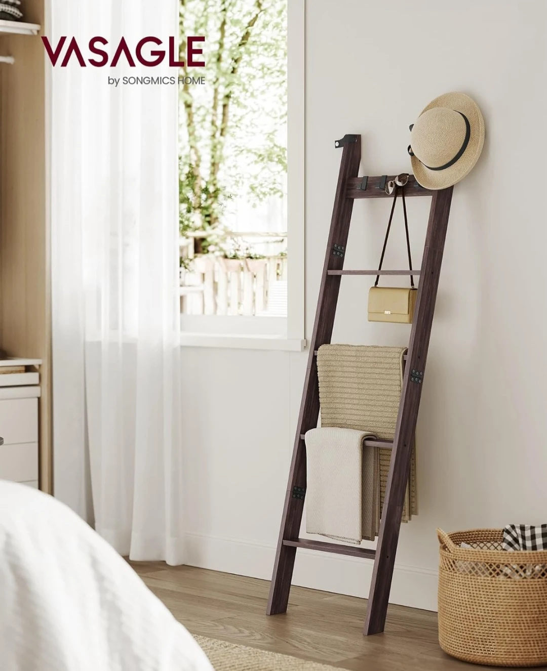 VASAGLE Ladder Shelf with 5 Shelves and 4 Hooks
