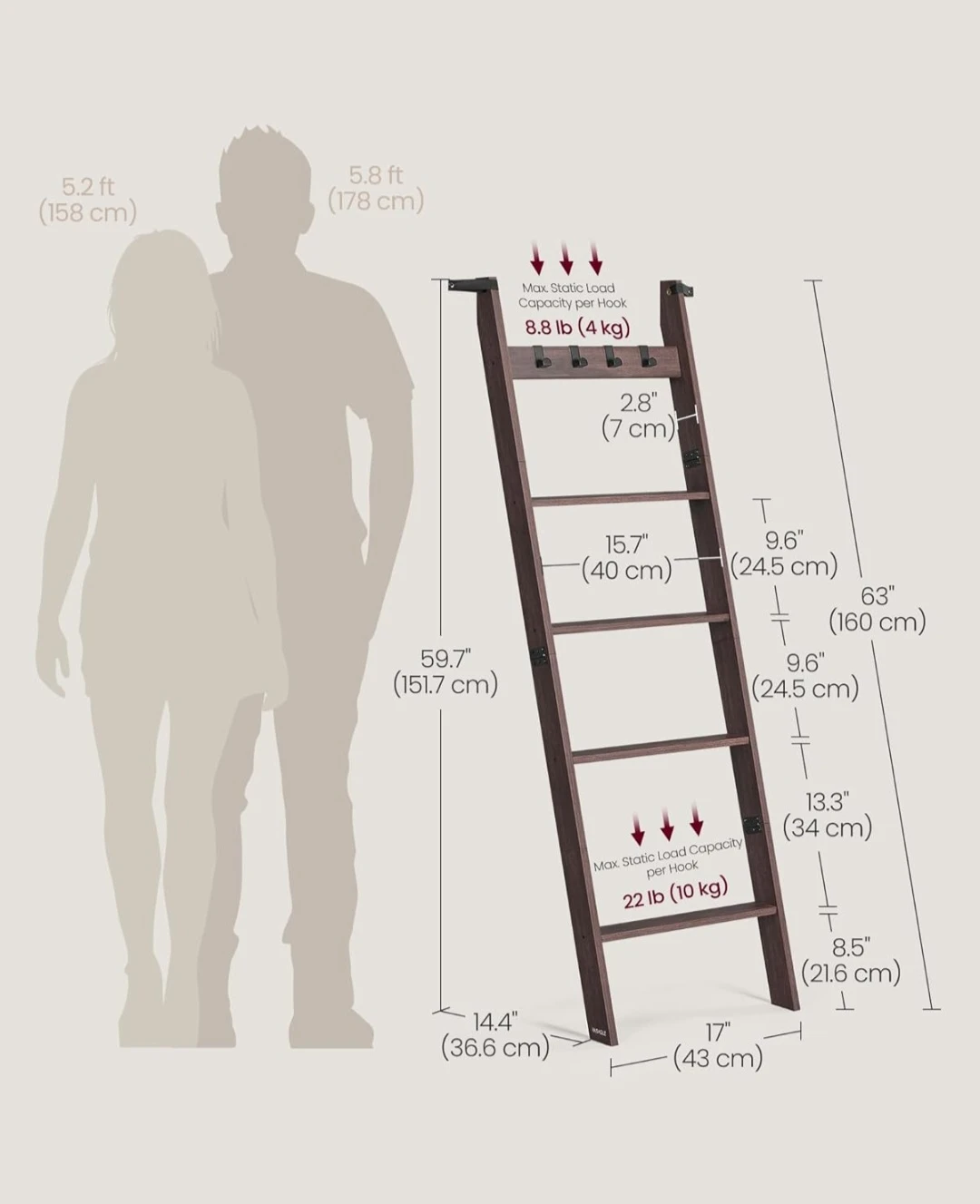 VASAGLE Ladder Shelf with 5 Shelves and 4 Hooks - photo 3