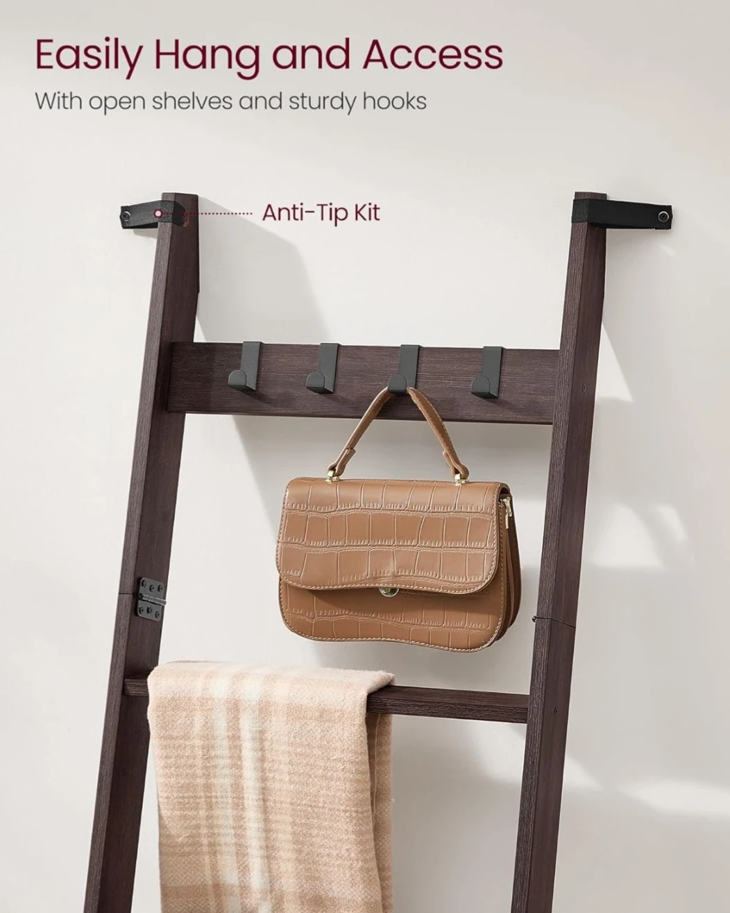VASAGLE Ladder Shelf with 5 Shelves and 4 Hooks - photo 4