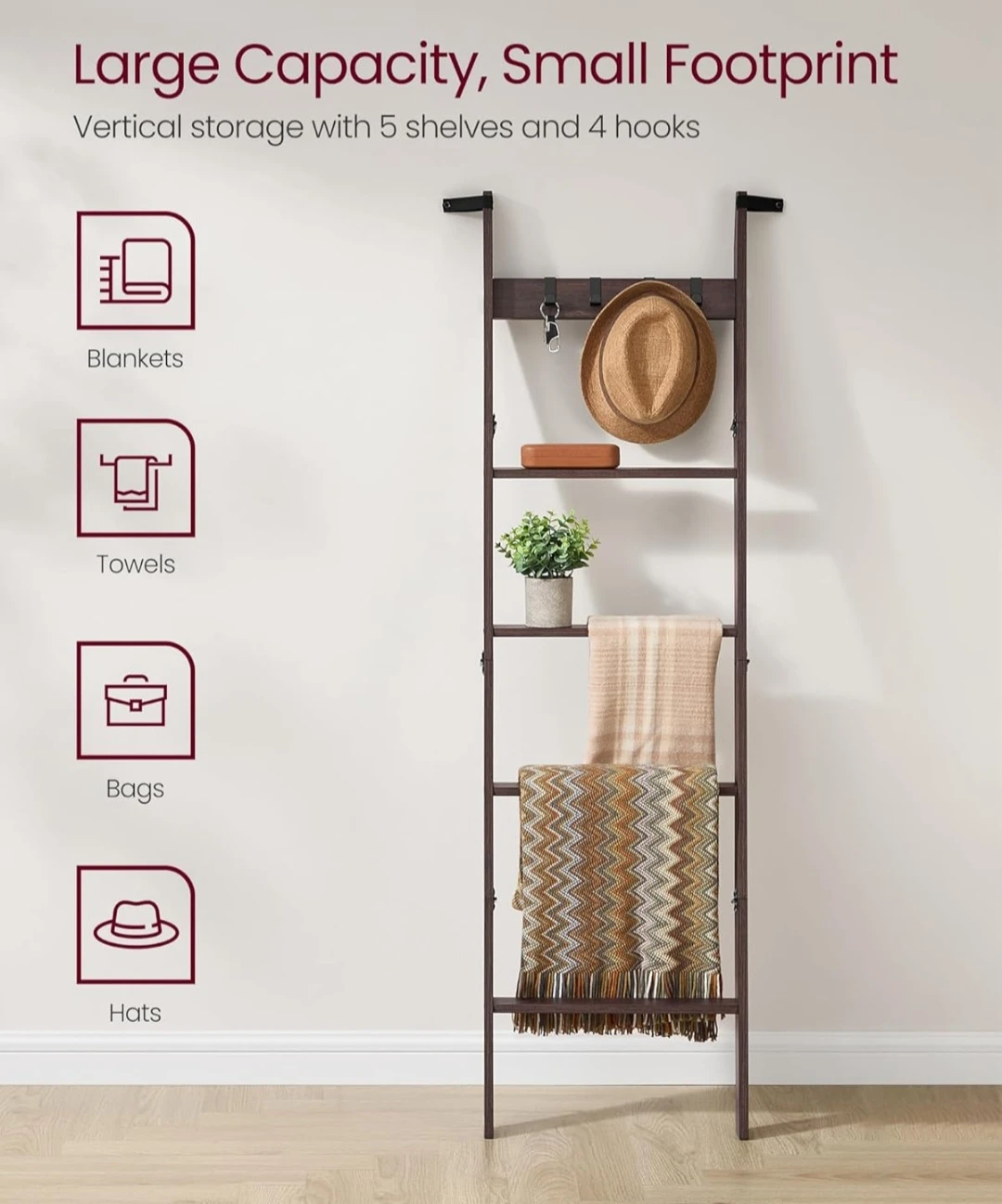 VASAGLE Ladder Shelf with 5 Shelves and 4 Hooks - photo 5