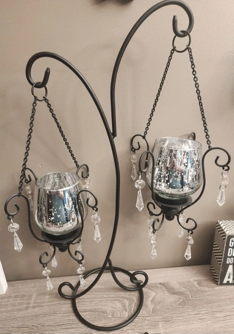 Black Metal Candelabra with 2 Hanging Glass Holders