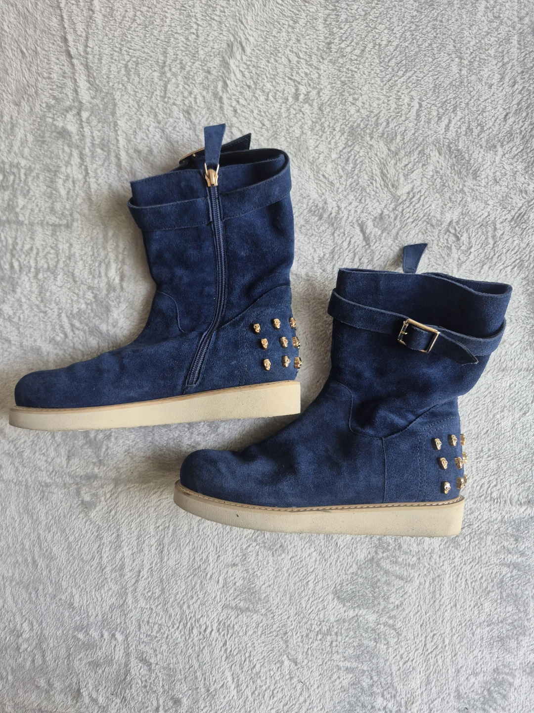 Alexander McQueen Blue Suede Boots with Gold Studs