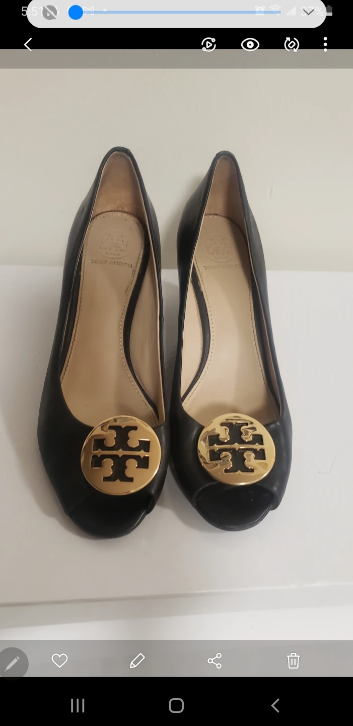 Like new  Tory Burch Black Wedges  With Gold Logo