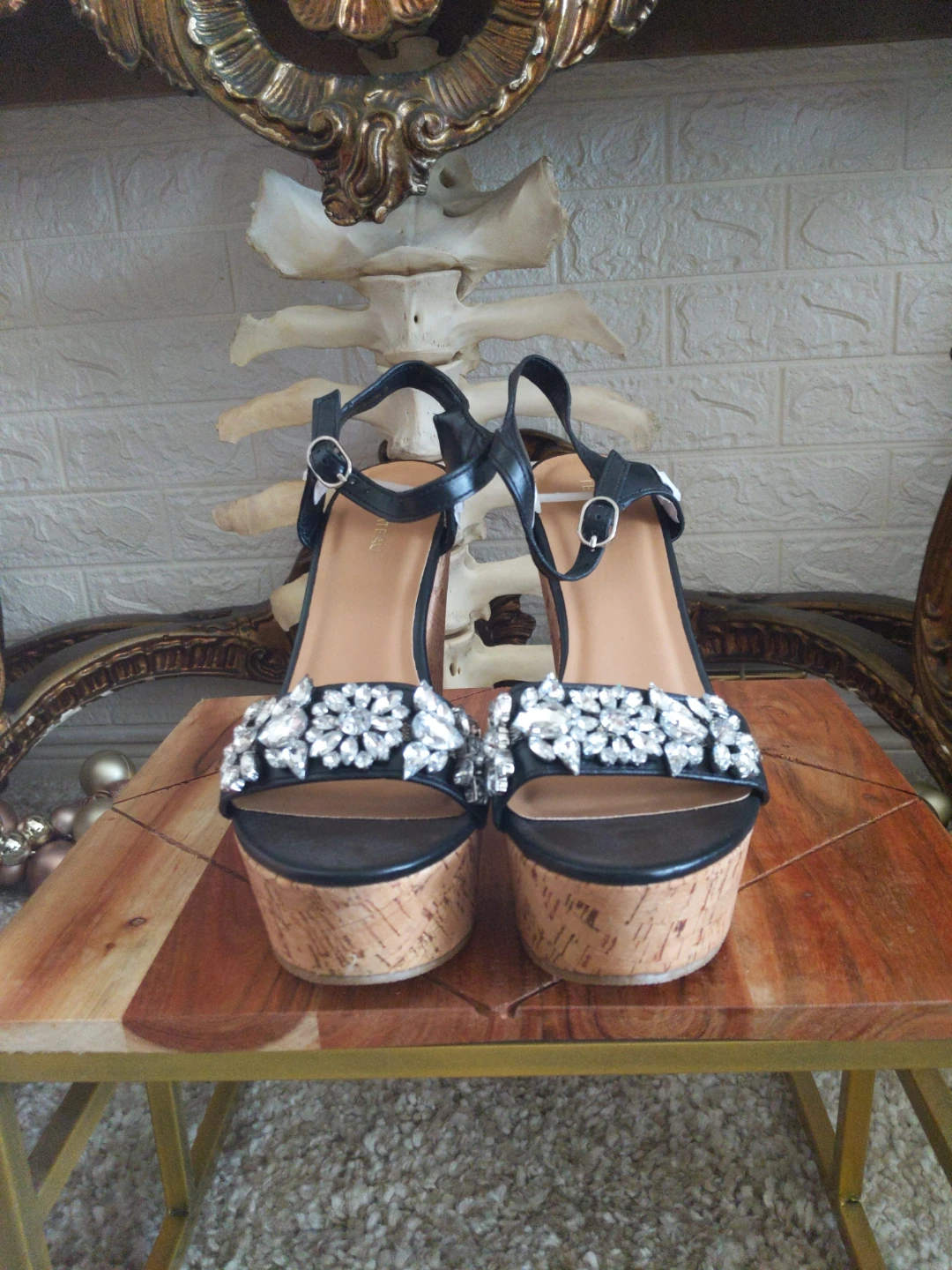 Le Château Black Wedge Sandals with Embellishments - Size 10