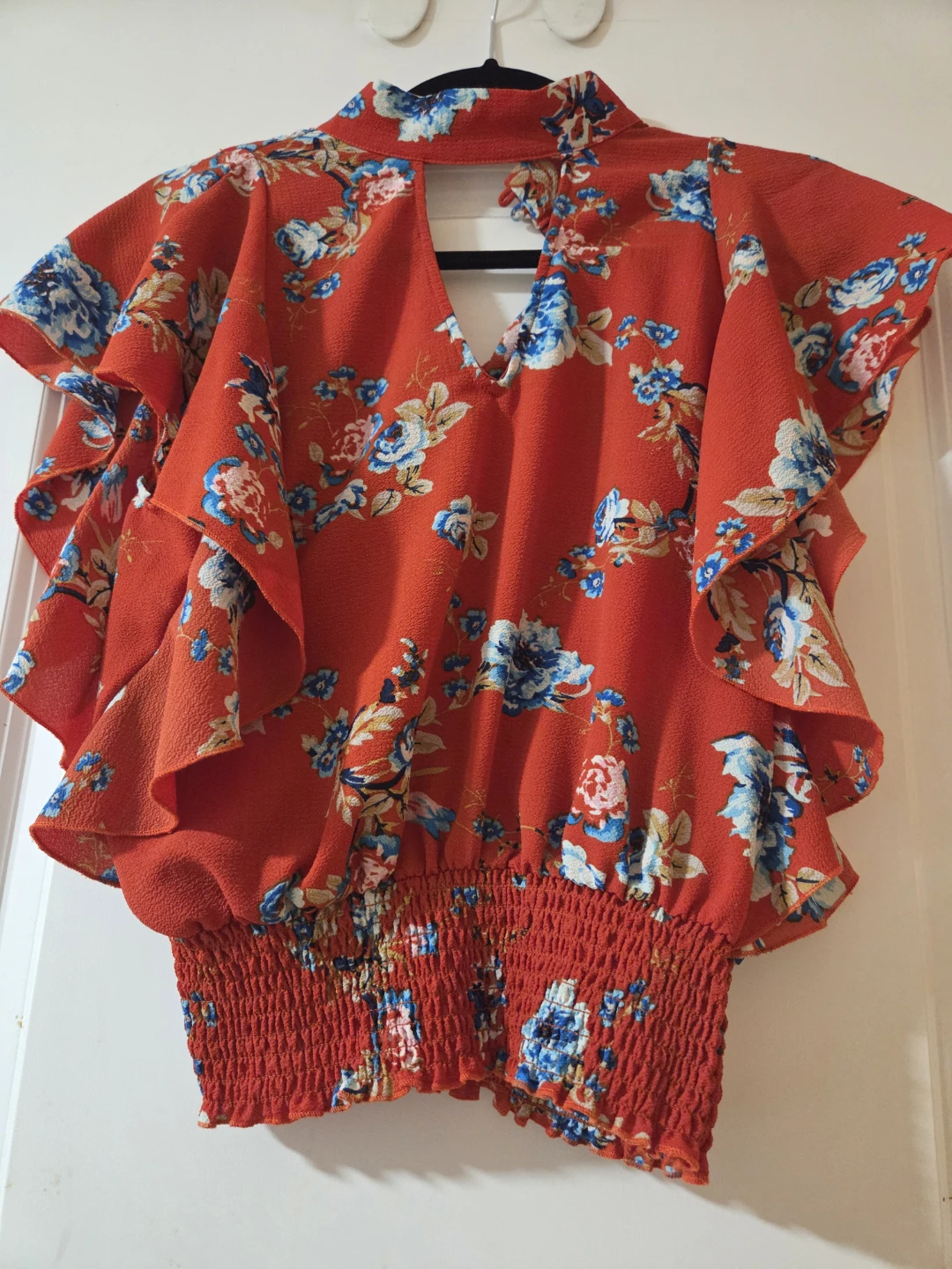 Red floral print flutter sleeve top