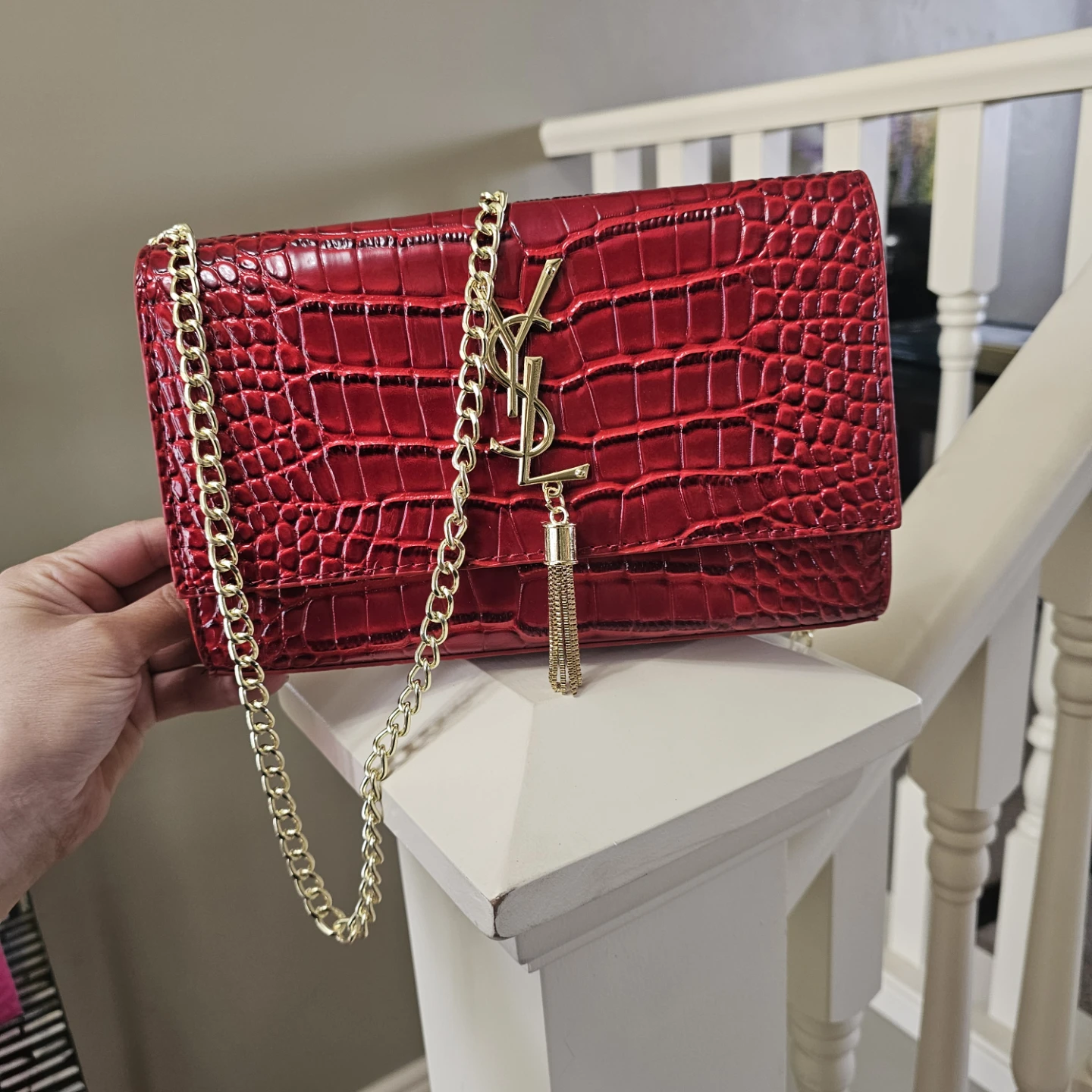 Yves Saint Laurent Red Croc Embossed Chain Wallet